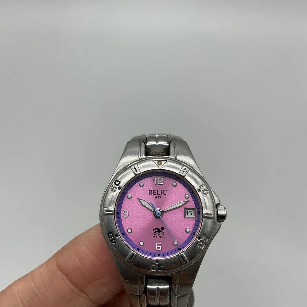 Relic Wet Womens Watch 25mm Pink Dial Stainless Bracelet Date New Battery 5.75